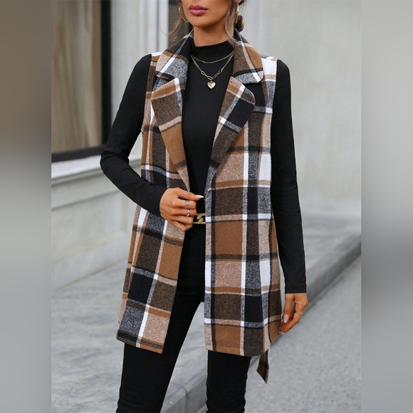 Tied Plaid Collared Neck Vest - Picture 3 of 5